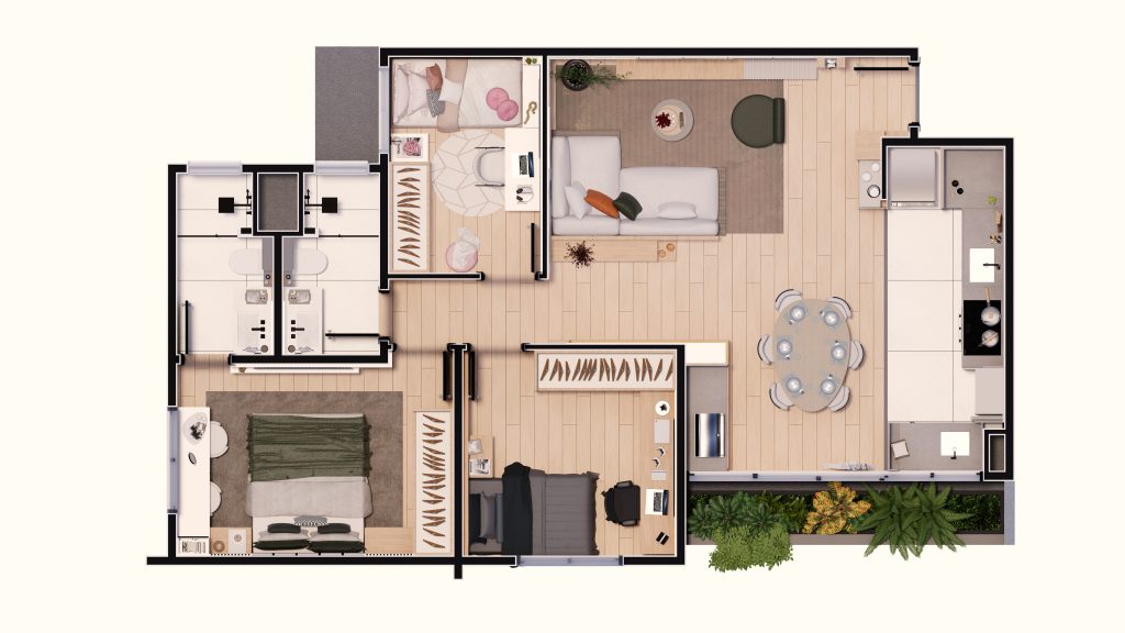 3 dormitórios, varanda integrada, planta, apartamento em Americana, Allegro Residencial